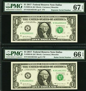 Fr.3004 2017 repetidor 55165516 radar 55166155 billete de la Reserva Federal PMG 66 67 SET - Imagen 1 de 2