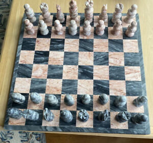 Marble Granite Stone Chess Set Hand Carved Square Board 14”