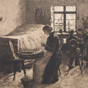 Paul Paeschke Impressionismus Frau beim Kartoffelschälen signiert Radierung 1901 - Bild 1 von 5