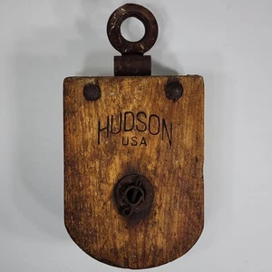 Hudson Antique Wood Barn Farm Nautical Pulley Block And Tackle Primitive Decor - Picture 1 of 13