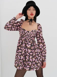 VS For Love & Lemons Kate Long Sleeve Black Floral Babydoll Mini Dress - Picture 1 of 5