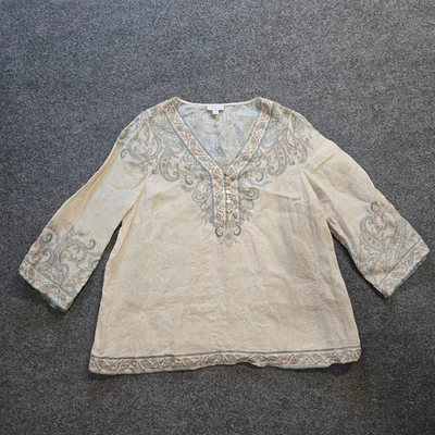 Top Jill Mujer Grande Blanco Lino Paisley Cuello en V Manga Larga Boho Carrera Informal Foto 1 de 4