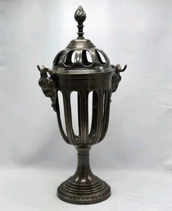Antiqued Bronze Two-Handled Horned Goat Heads Slotted Urn Vase w/Flame Finial - Picture 1 of 21