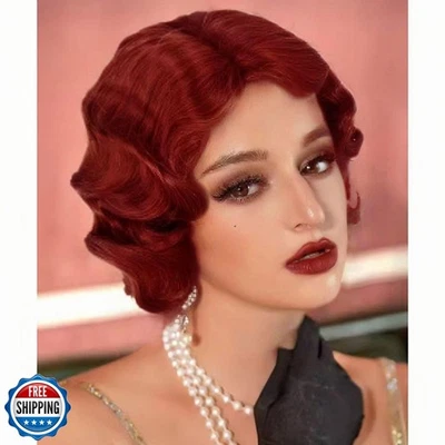 Siudus Red Finger Wave Wigs for Women Dark Red Curly Short 1920s Wig Natural  - Image 1 of 4