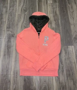 PINK Victoria's Secret Y2K Bling Hoodie MEDIUM Faux Fur Lined Sequin Full Zip - Picture 1 of 5