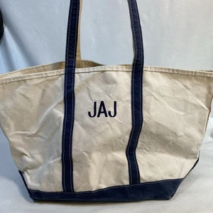 Vintage 90s LL BEAN XL Cream Navy Boat And Tote Canvas Bag USA READ Long Handles - Picture 1 of 21