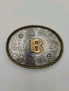 vintage MONTANA SILVERSMITHS belt buckle STERLING silver plate "B" golden - Picture 1 of 5