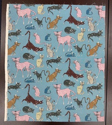 Alexander Henry Ghastlies 9 LIVES  Sebastian Cat Blue Cotton Fabric RETIRED 26" - Image 1 of 2