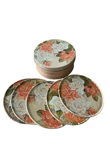 Vintage 1986 Coasters In A Tin Set of 5 Cork Backed Rose Design Enesco Designs - Picture 1 of 11