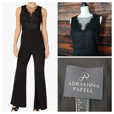 Mono Adrianna Papell Talla 6 Negro Encaje Malla Corpiño Pierna Ancha Cremallera Espalda $199 Foto 1 de 4