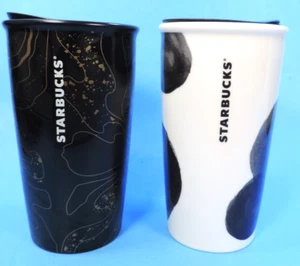 2 STARBUCKS CERAMIC DOUBLE WALLED TUMBLERS (GOLD / BLACK / WHITE) MINT - Picture 1 of 4
