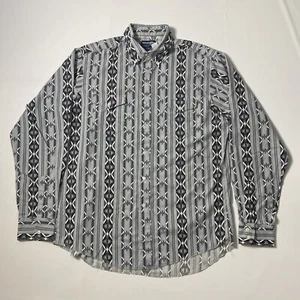 Wrangler Mens 16.5x36 Gray Striped Western Aztec Rodeo Button Down Shirt Vintage - Picture 1 of 14