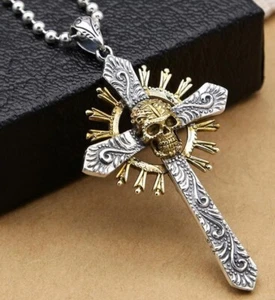 New Gothic Skull Cross Pendant Necklace Stainless Steel Men Silver - Picture 1 of 4