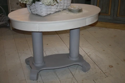 Antique Empire Accent Table Hand Painted White Gray Base Oval Top Single Drawer Cover