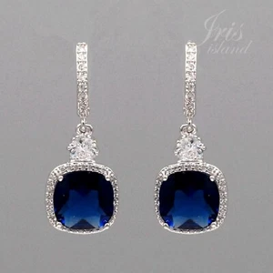White Gold Plated Blue Cubic Zirconia Wedding Leverback Drop Dangle Earrings 285 - Picture 1 of 4