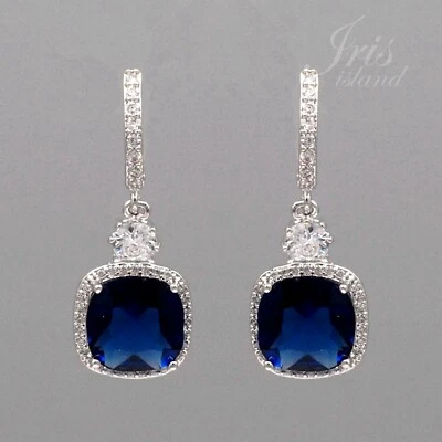 White Gold Plated Blue Cubic Zirconia Wedding Leverback Drop Dangle Earrings 285 - Image 1 of 4