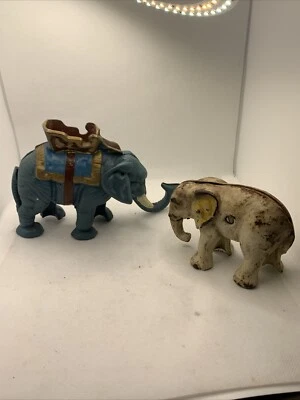 Vintage Mechanical Elephant Coin Bank Cast Iron Metal Circus Set Of 2 - Image 1 of 4