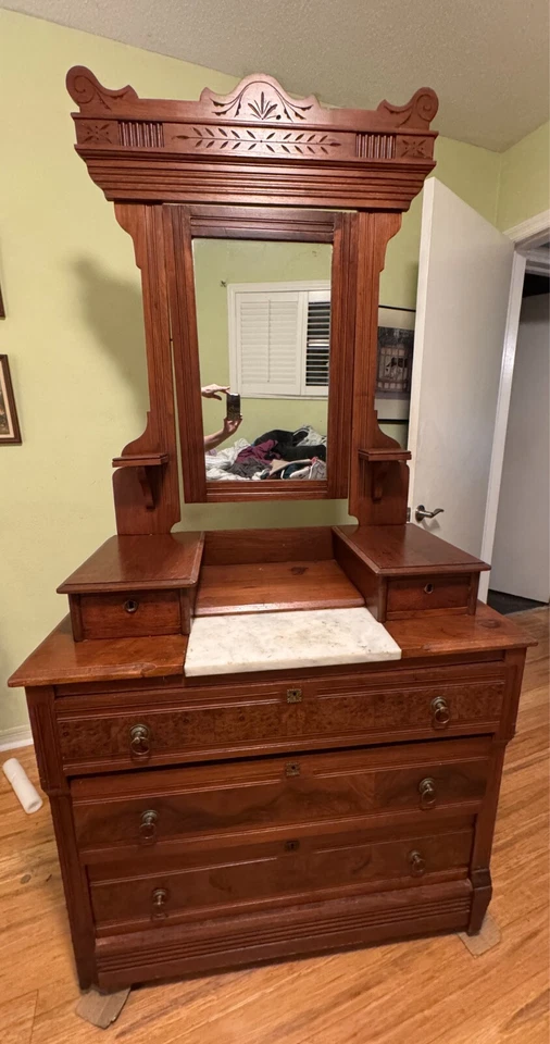  Antique Eastlake Victorian Dresser with Mirror & White Marble Insert - Image 1 of 4