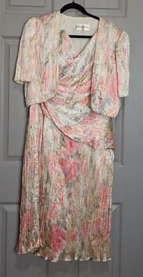 Conjunto de Vestido Floral Abstracto Plisado Vintage Años 80 Yvonne Jacovou Talla XL Foto 1 de 4