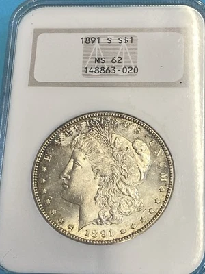 Dólar de plata Morgan 1891-S NGC MS62 edición de San Francisco soporte antiguo Foto 1 de 3