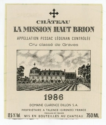 Chateau La Mission Haut Brion 1986 etiqueta de vino Cru Classe de Graves espécimen Foto 1 de 2