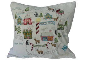 Pottery Barn Santa World Map Pillow Christmas Beaded Down Fill Sleigh Route 20" - Picture 1 of 10