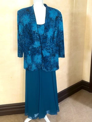 Alex Evenings 蓝色汗布针织闪光夹克背心雪纺裙尺寸 1X — 第 1/2 张图片