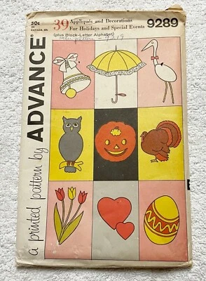 ADVANCE 1960's Sewing Pattern Appliques #9289 For Holidays & Special Events - Image 1 of 4