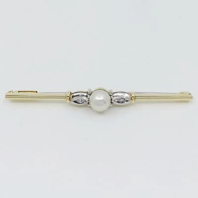 Brosche 585/-, bicolor mit Perle und Diamanten, Länge: ca. 5,74 cm, 5,19 gr - Bild 1 von 3