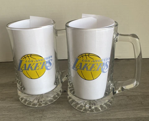 Vintage NBA Los Angeles Lakers Full Size Clear Glass Beer Mugs Qty. 2 Cover