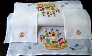 Antique Madeira? runner 2 napkins hand embr/ed boat bird peoples animal nautical - Picture 1 of 6