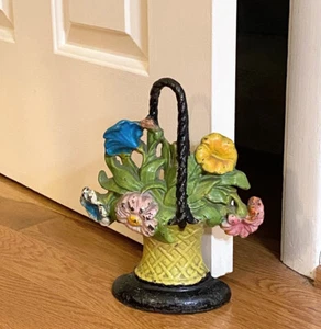 Antique Hubley 9.5” Colorful Flower Bouquet Basket Door Stop Cast Iron #120 - Picture 1 of 14