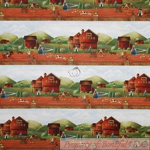 BonEful Fabric FQ Cotton Quilt Colonial Farm Barn House Old World Scenic Stripe - Picture 1 of 12