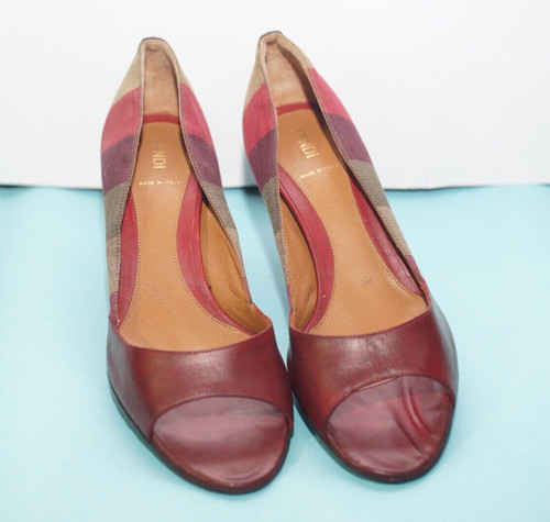 Décolleté Fendi marroni multicolore a righe tela e pelle punta aperta taglia 39