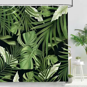 Tropical Leaves Shower Curtain - 72x72” Waterproof Jungle Theme with Hooks - Picture 1 of 12