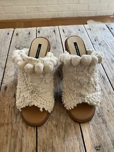 ZARA POMPOMS OPEN TOE CREAM TAN MULE HIGH HEELS - Picture 1 of 5
