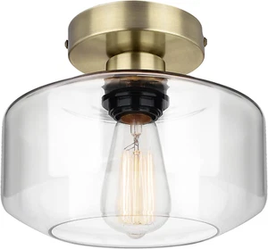 Industrial Semi Flush Mount Ceiling Light Brass, Clear Glass Pendant Lamp Shade, - Picture 1 of 12
