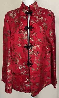 Винтажная традиционная китайская куртка пальто ручной работы цветочный красный золото женщин SZ XL - Изображение 1 из 4