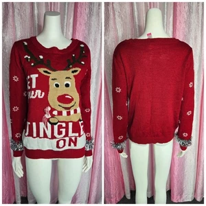 Christmas Reindeer Scarf Bells Get Your Jingle On Holiday Sweater Size XL Junior - Picture 1 of 9
