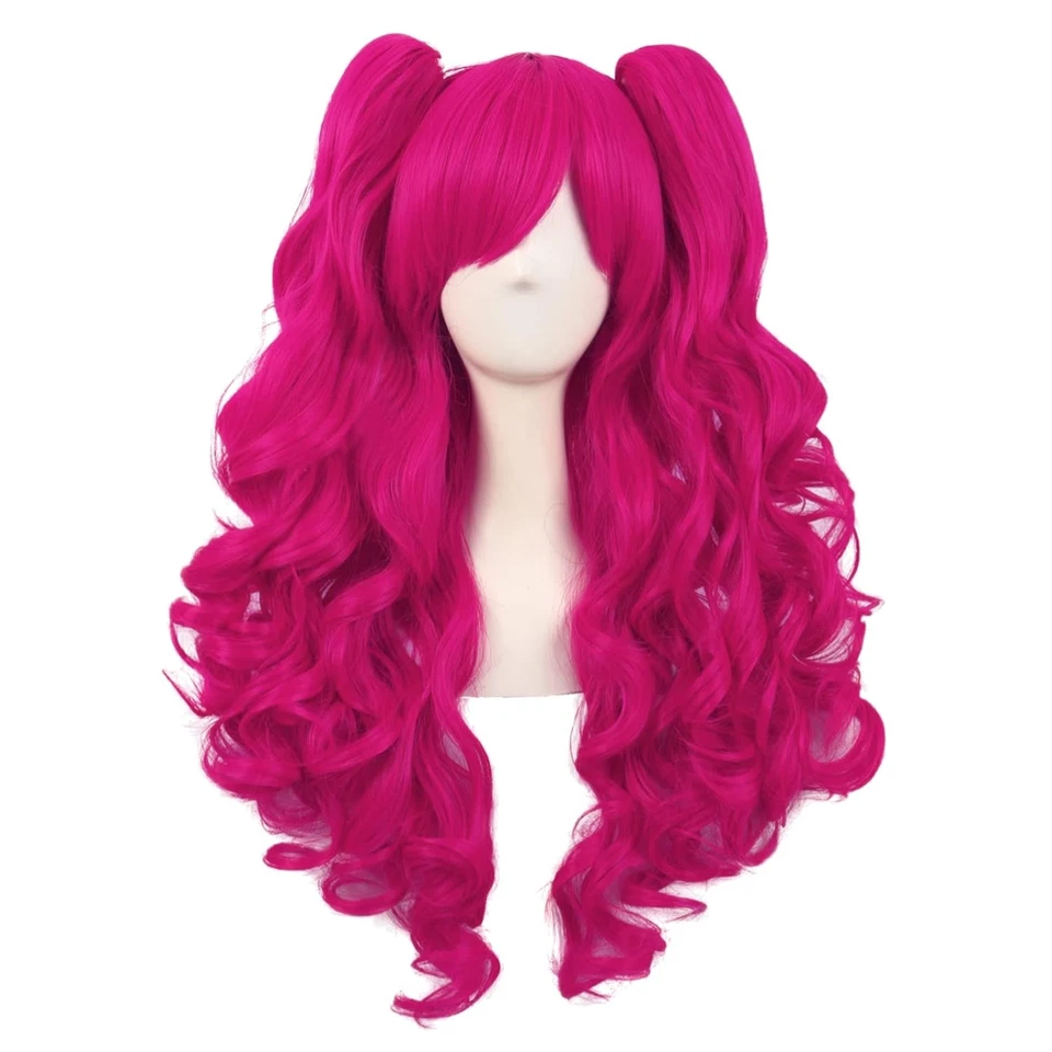 28 Inch Hot Pink Curly Cosplay Wig with 2 Clip-On Ponytails - High Temp Fiber - Image 1 of 4