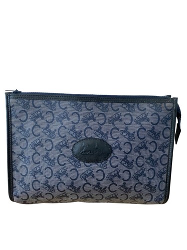 Pochette Celine blu con motivo tonale e chiusura zip rivestita in tela e pelle
