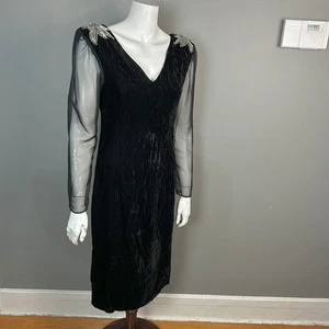 VTG Black Velvet Glamorous Dress Small Sheer Pencil Jazz 20s Beaded Cocktail - Picture 1 of 16