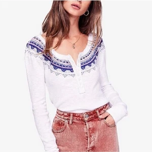 Free People Fair Elsa Embroidered Henley NWT White MEDIUM Boho Casual Top Shirt - Picture 1 of 14