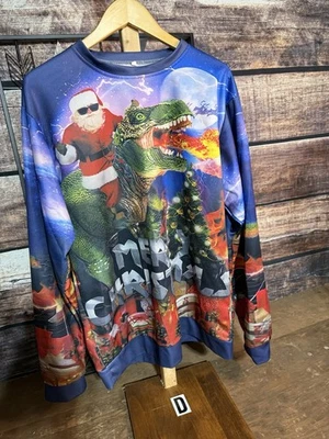 Уродливый рождественский свитер Merry Christmas Santa On T-Rex мужской размер L полиэстер - Изображение 1 из 2