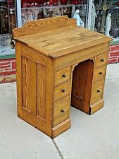 Victorian Child's Antique knee hole slat top 6 drawer oak desk 