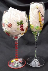 Set of 2 handpainted STEMMED GLASSES champagne flute & wine glass cheers cheese - Picture 1 of 12