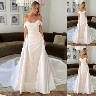 Elegant Wedding Dresses with Detachable Train Satin A Line Beach Bridal Gowns - Image 1 of 4