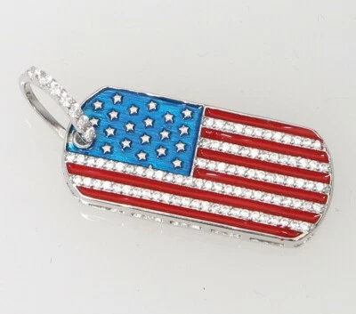 Sterling Silver 925 American Flag Enamel DogTag CZ's Pendant Charm 5.2 Grams - Image 1 of 4