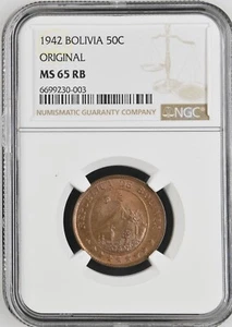 1942 Bolivia 50 Centavos Original - NGC MS 65 RB - Picture 1 of 2