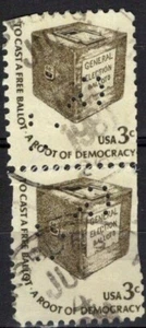 Perfins USA 1975, Sc1584 2x 3c Early Ballot Box. Used B&O (b) - Picture 1 of 3